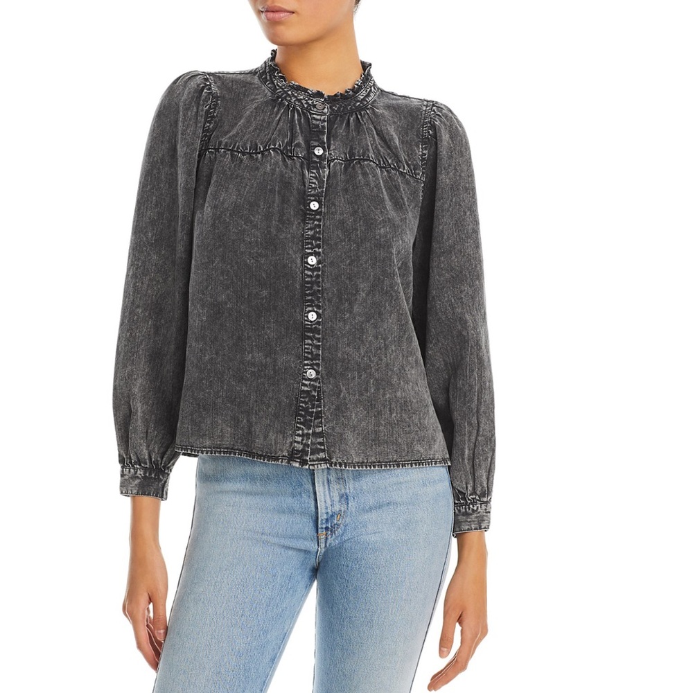 Rails Washed Black Ruffled Yoke Button-Down Blouse - Picture 3 of 5